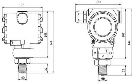 Water/air/oil pressure transducer dimension drawing